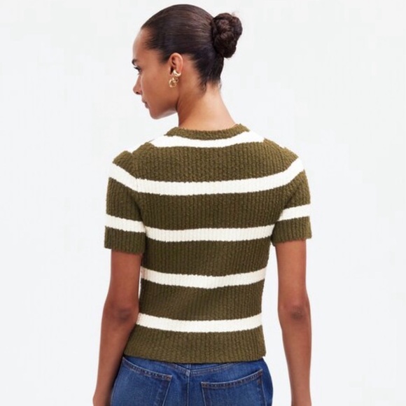 NWT Boucle Knit Crewneck Sweater Tee in Olive Stripe Size XXS Stretchy $78 NS649 - Picture 14 of 16